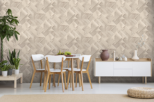 Real photo of Scandi dining room interior with vases on cupboard