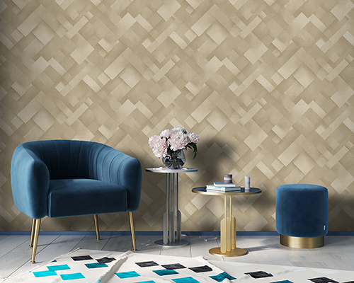 Blue interior with velvet armchair and metal tables